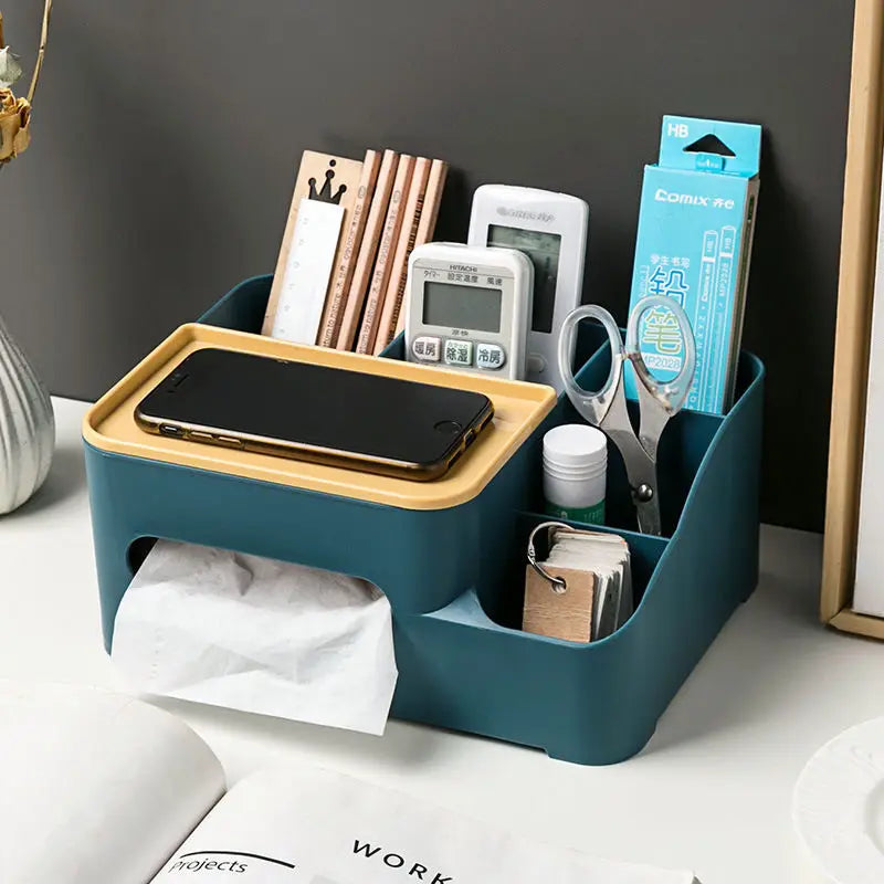 Multifunctional organizer for desk in dark teal with compartments for stationery and phone holder