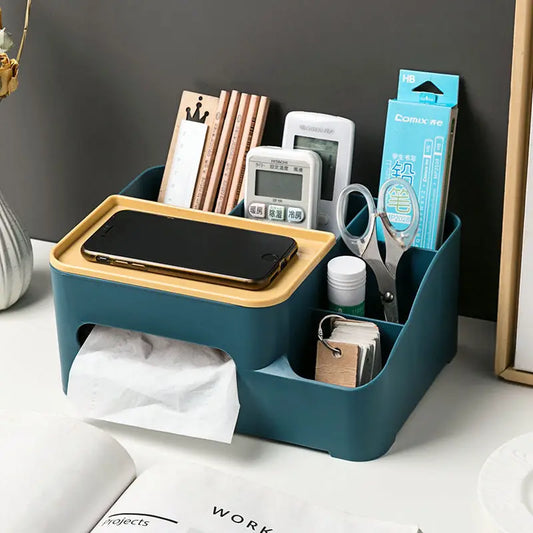 Multifunctional organizer for desk in dark teal with compartments for stationery and phone holder