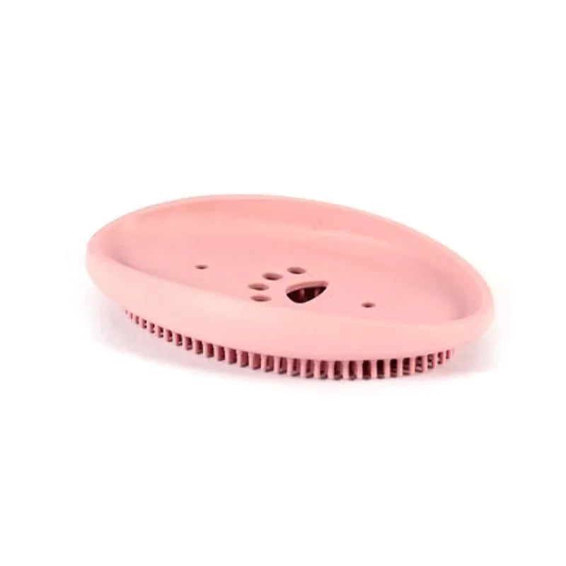 Pink multifunctional silicone soap box with drainage holes and bristle bottom for easy cleaning