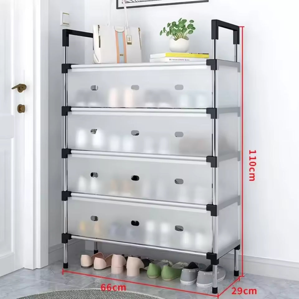 Clarify.pk multilayer dustproof shoes rack in white with four covered shelves and black frame