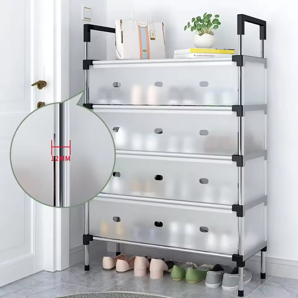 Clarify.pk multilayer dustproof shoes rack with frosted panels and black frame for organized shoe storage