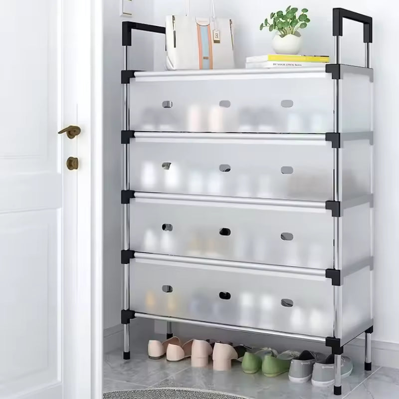 Clarify.pk multilayer dustproof shoes rack with four transparent shelves and black frame for organized shoe storage