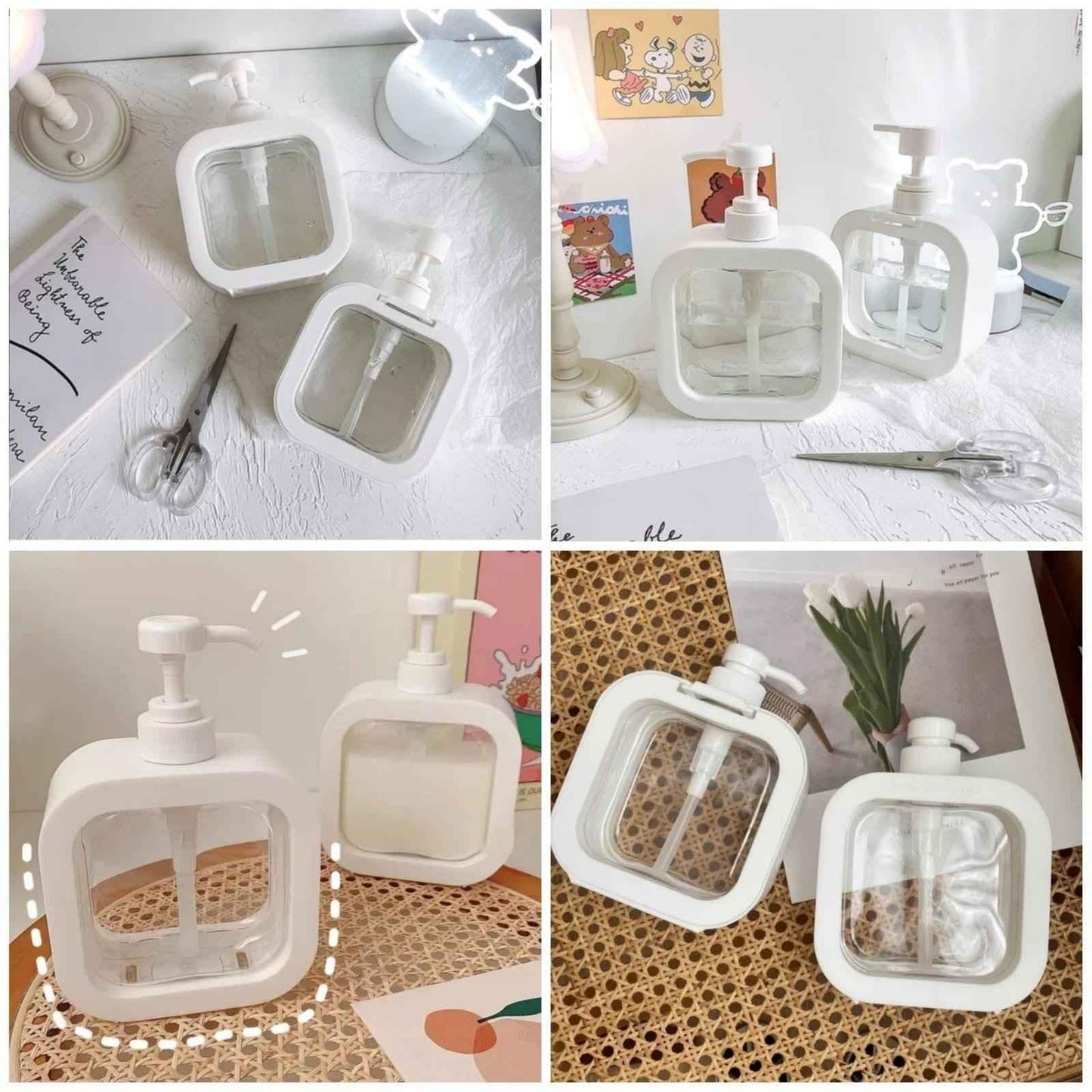 White square soap dispenser set with pump, modern transparent design for bathroom or kitchen use