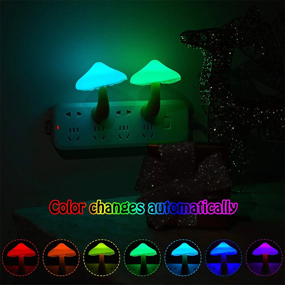 Mushroom LED night light plugged into power strip with color changing feature glowing in blue and green