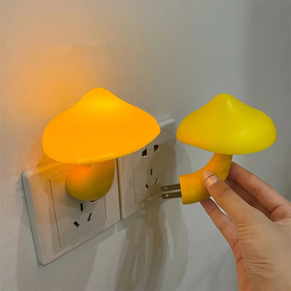 Clarify.pk Mushroom LED night light plugged into wall outlet with hand holding another light