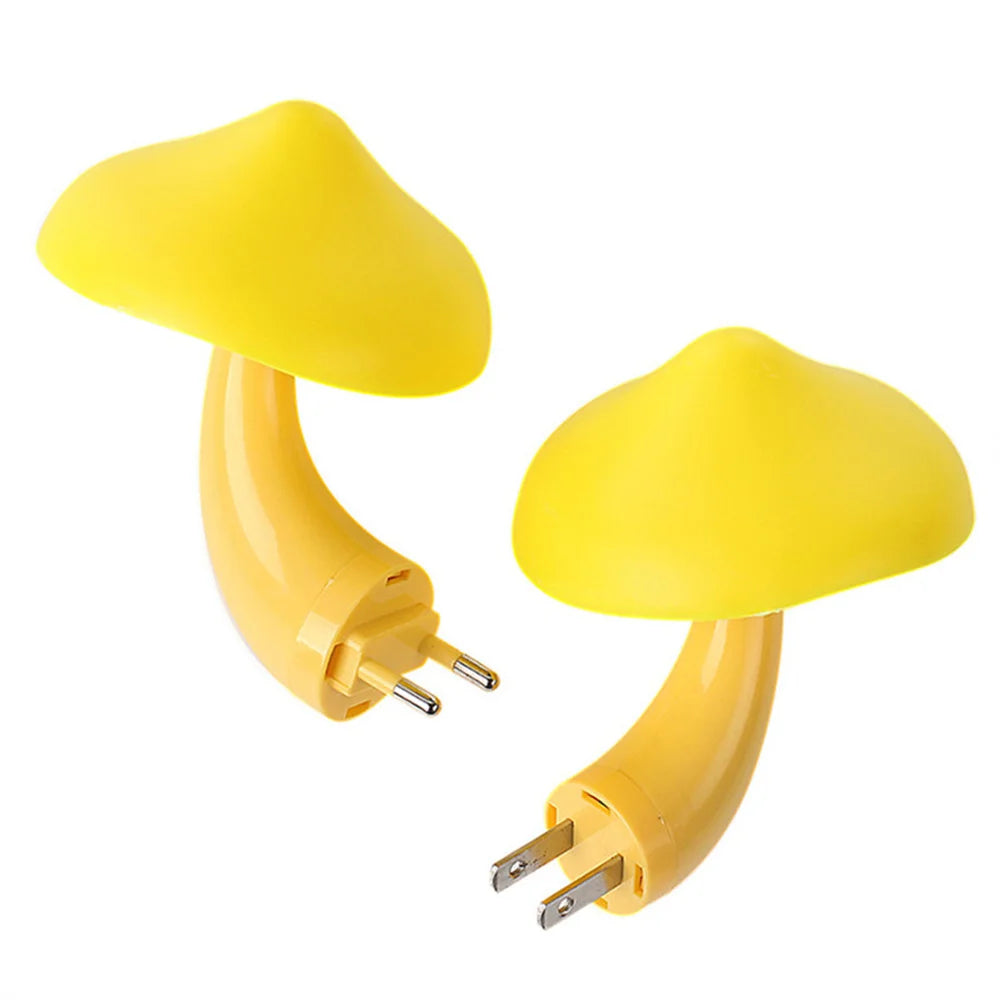 Yellow Mushroom LED night light with curved plug design for easy night illumination