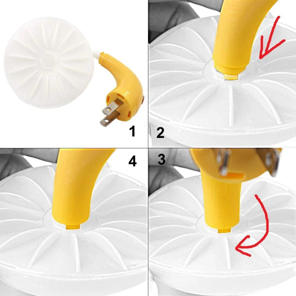Step-by-step installation guide of Mushroom LED night light plug with yellow connector and white base