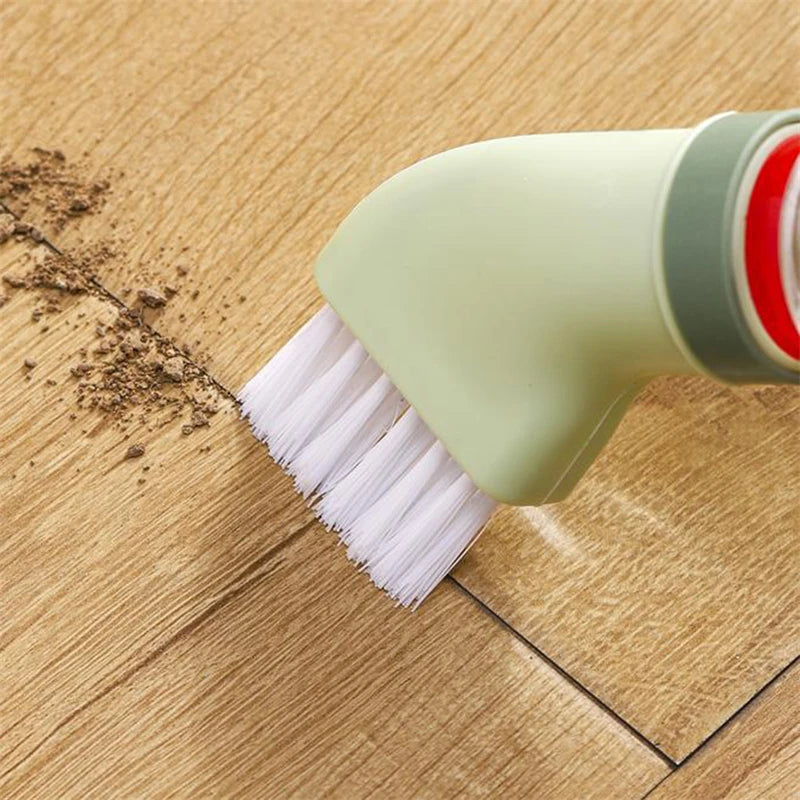 Narrow space cleaning tool for bottles with white bristles cleaning dirt from floor gap