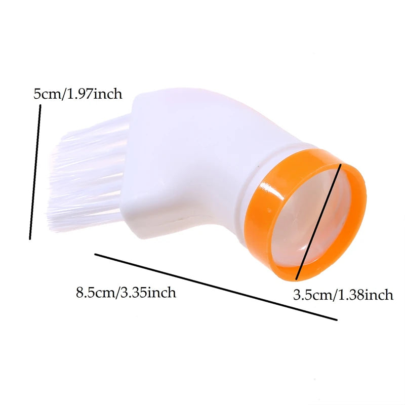 Compact narrow space cleaning tool for bottles with white bristles and orange rim, detailed measurements shown