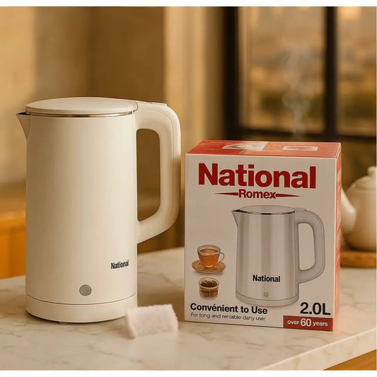 National Romex 2.0L stainless steel electric kettle with white finish and convenient handle