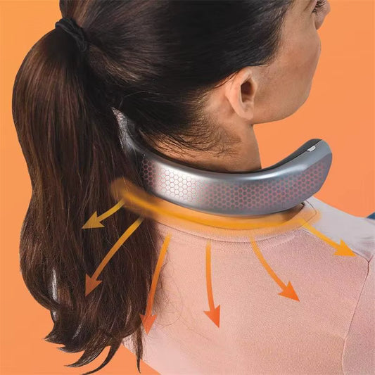 Woman using neck ceramic portable heater designed for massage and relaxation on a peach background