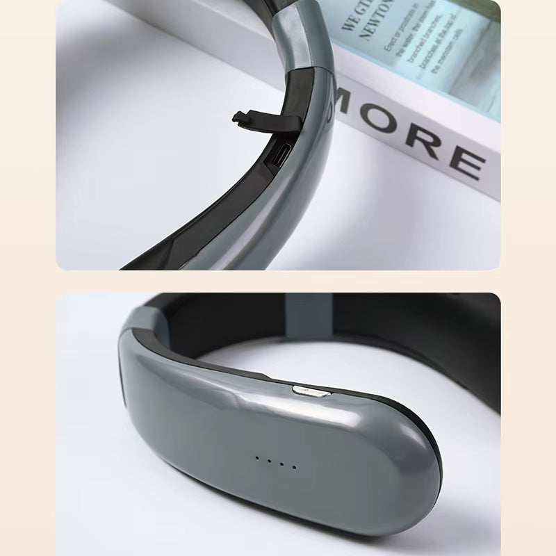 Gray neck ceramic portable heater with sleek design and USB charging port shown from two angles
