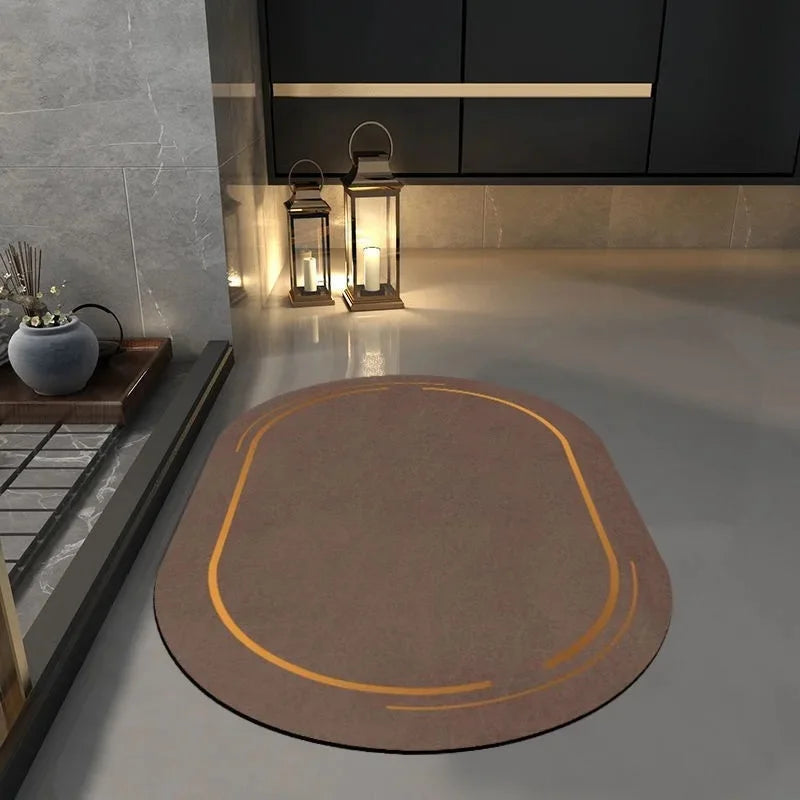 Clarify.pk non slip bathroom mat in brown with orange accents placed on modern bathroom floor