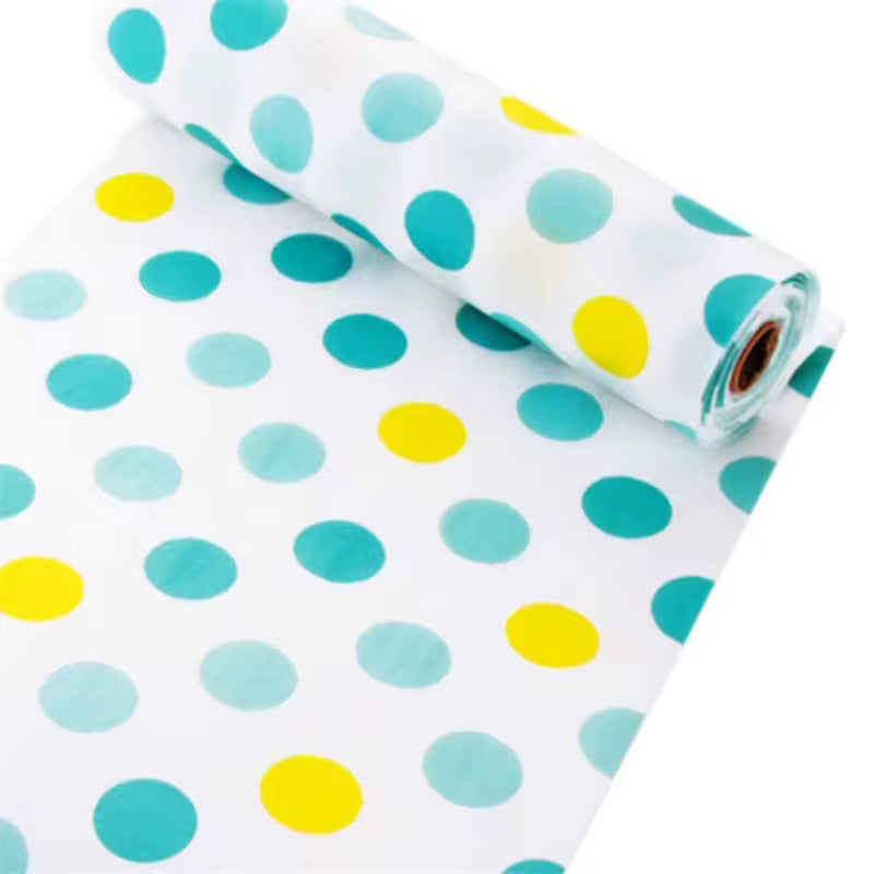 Roll of colorful polka dot non-slip cabinet mat for drawers in teal, light blue, and yellow dots on white background