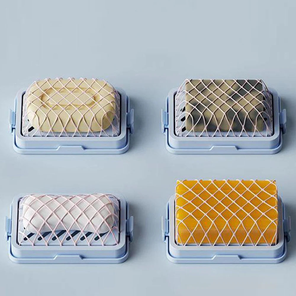 Set of four non slip soap holder trays in blue with different colored soap bars for bathroom use