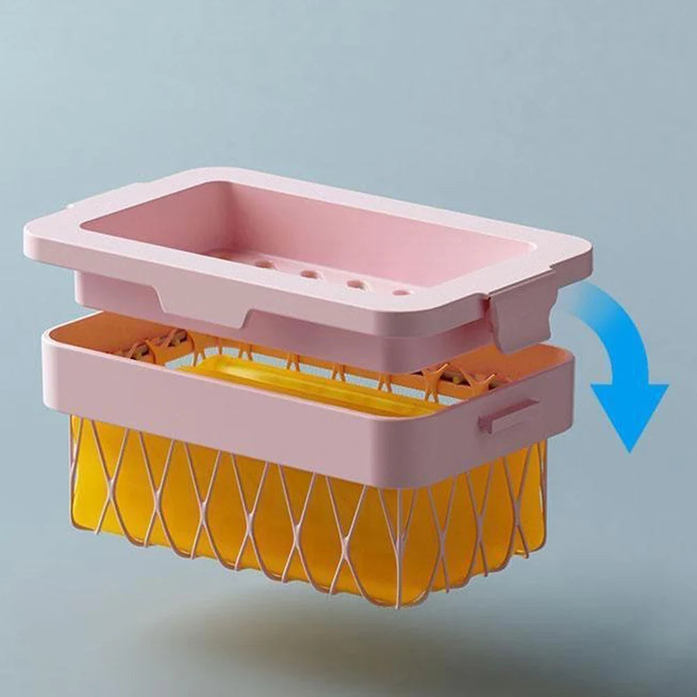 Pink and yellow non slip soap holder with a drainable design and wire basket for bathroom use