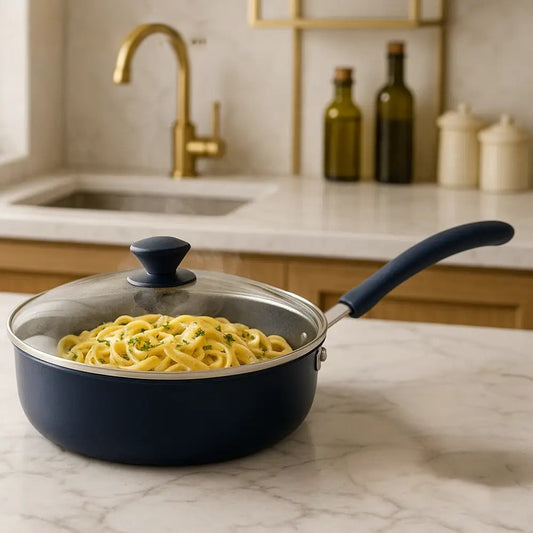 Clarify.pk non stick deep frying pan with glass lid cooking pasta on marble kitchen countertop