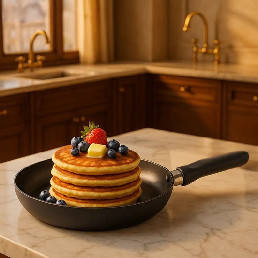 Stack of pancakes with butter and berries in a non stick frying pan for pancakes on kitchen counter