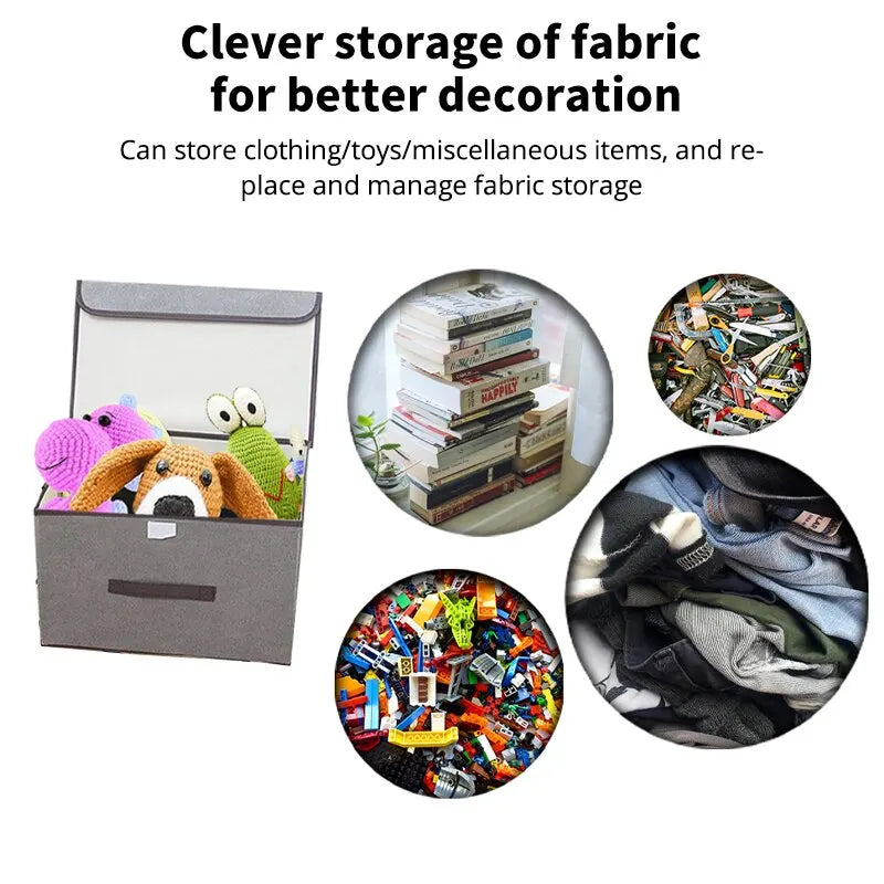 Clarify.pk non woven storage box holding toys with images showing organized fabric, clothes, books, and miscellaneous items