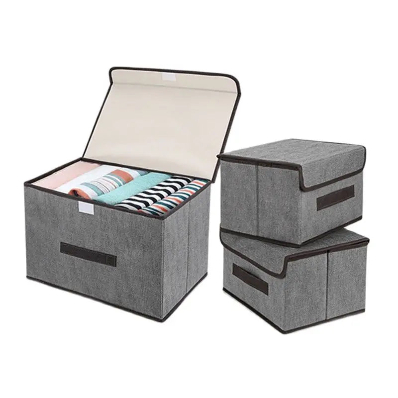 Clarify.pk grey non woven storage box set with lids, perfect for organizing clothes and home essentials