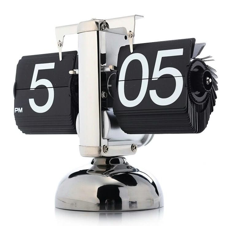 flip desk clock retro chrome base with black flipping cards showing 5 05 PM vintage mechanical design