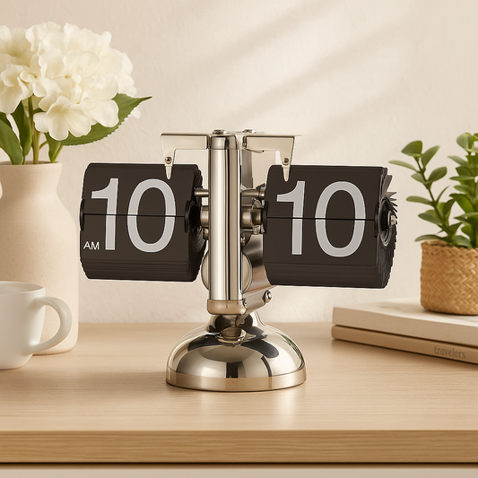 Silver chrome flip desk clock retro with black number panels showing 10 AM on wooden desk with decor