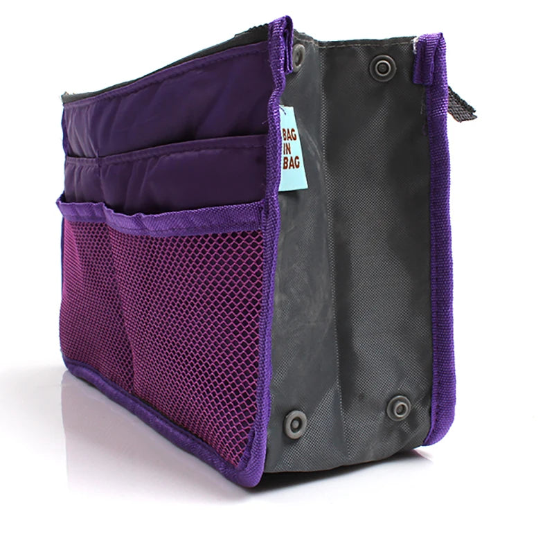 Clarify.pk purple and black nylon handbag organizer insert with multiple mesh and fabric pockets