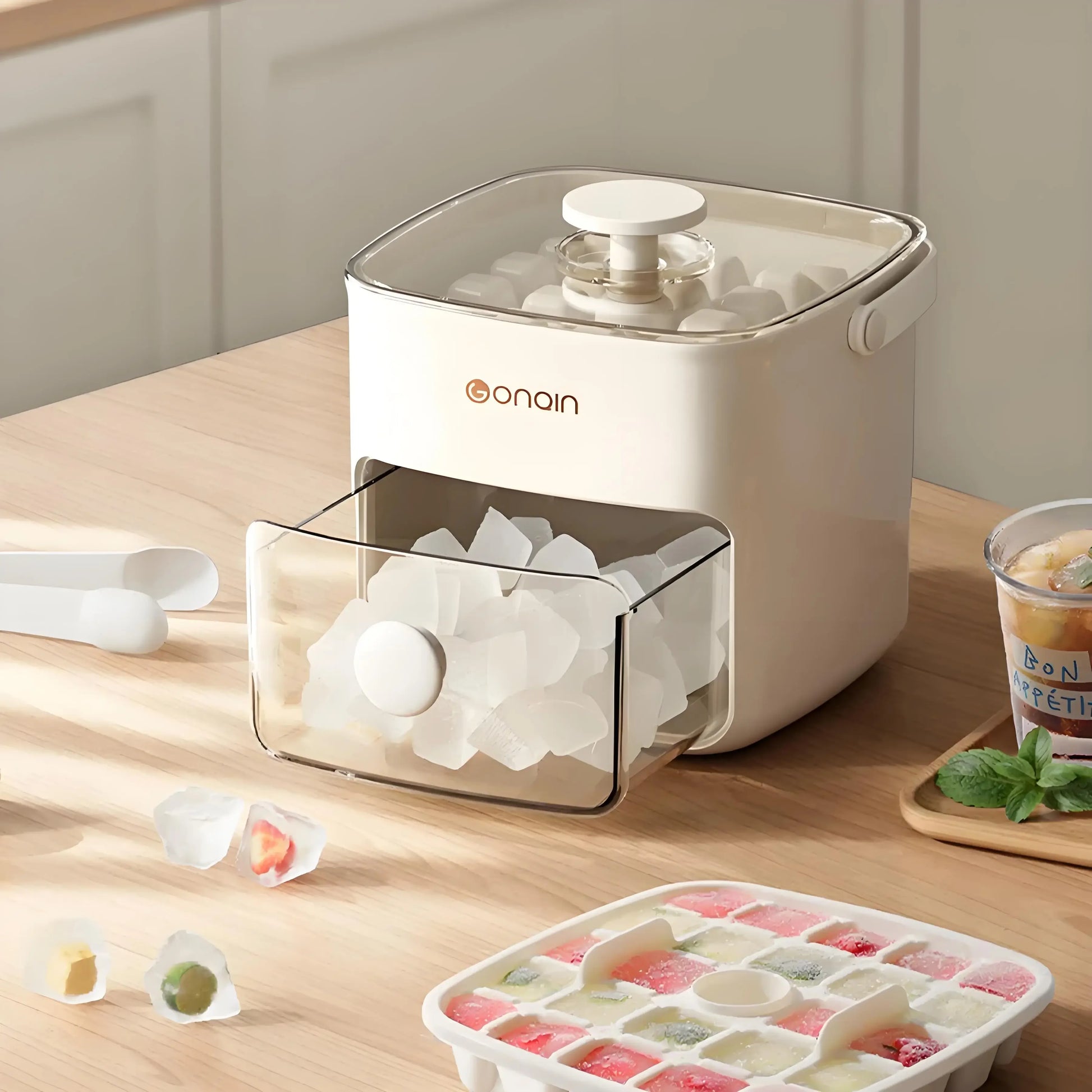 48 block ice cube machine with lid by Clarify.pk in white with transparent drawer filled with ice cubes