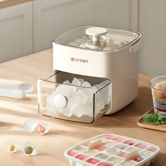 48 block ice cube machine with lid by Clarify.pk in white with transparent drawer filled with ice cubes