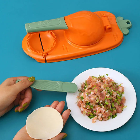 Clarify.pk 2 in 1 dumpling mold in orange and green with dough and filling for making dumplings