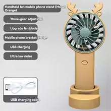 Mini fan with phone stand in orange featuring three-gear adjustment USB charging and mobile phone bracket