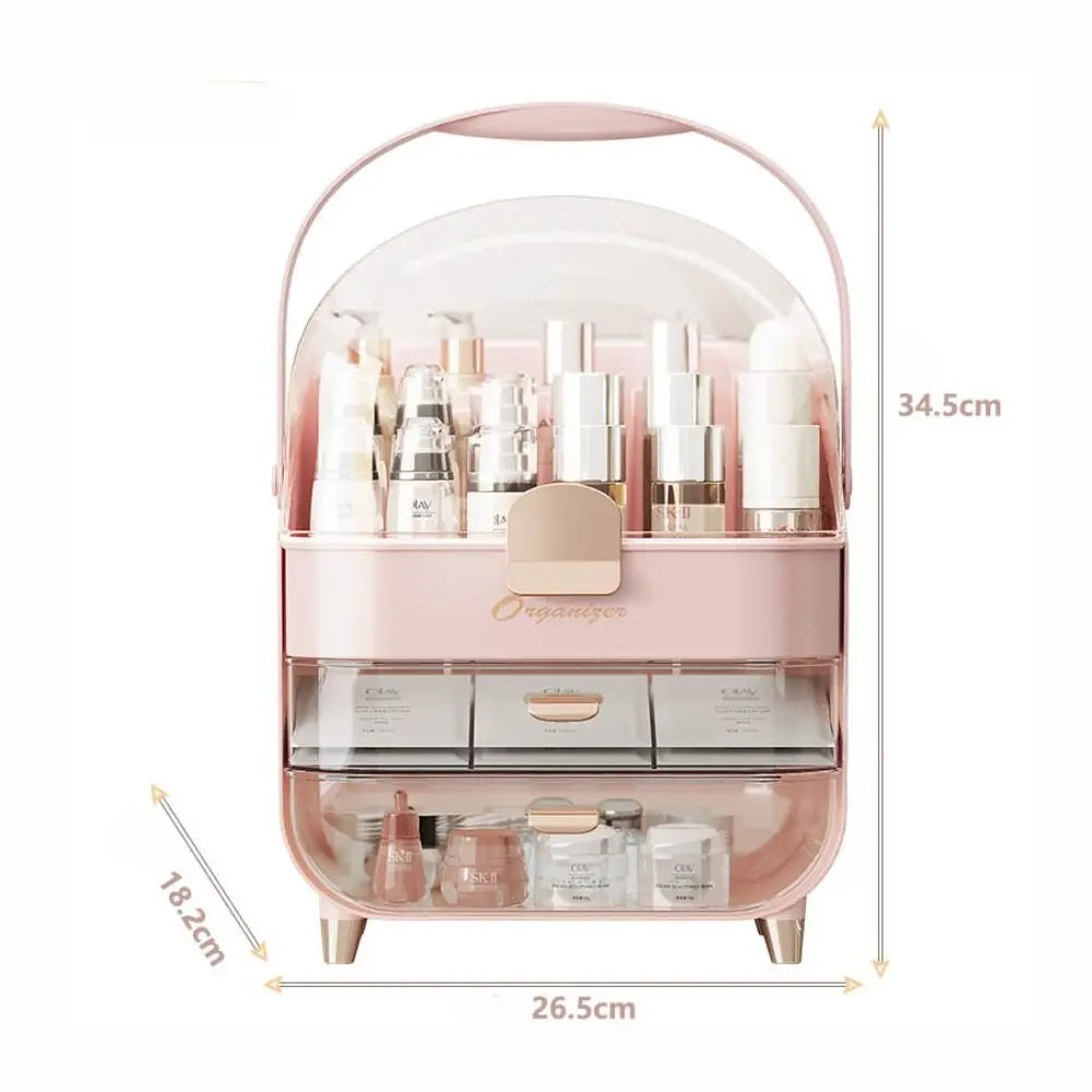 Pink layered waterproof cosmetics box with clear dome cover handle drawers for skincare bottles and jars