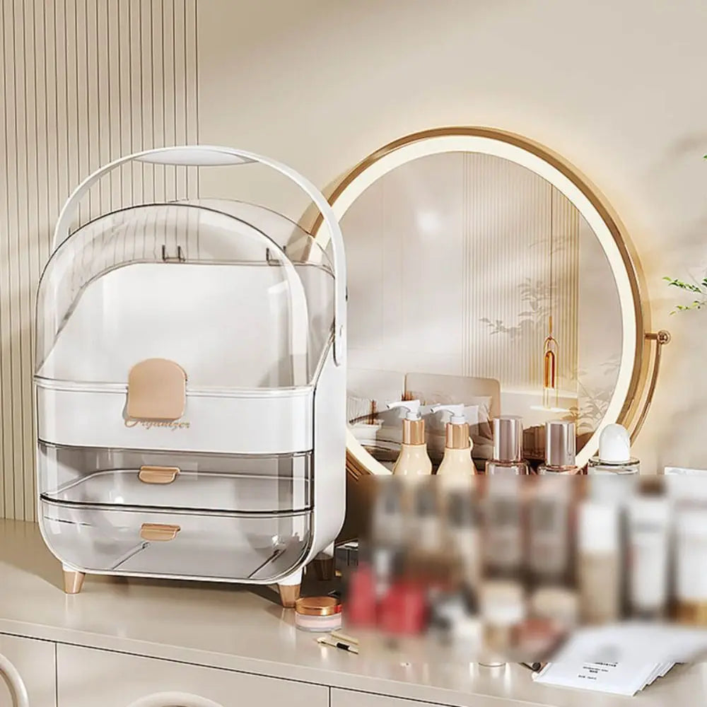 Clarify pk layered waterproof cosmetics box with clear drawers and white handle on vanity