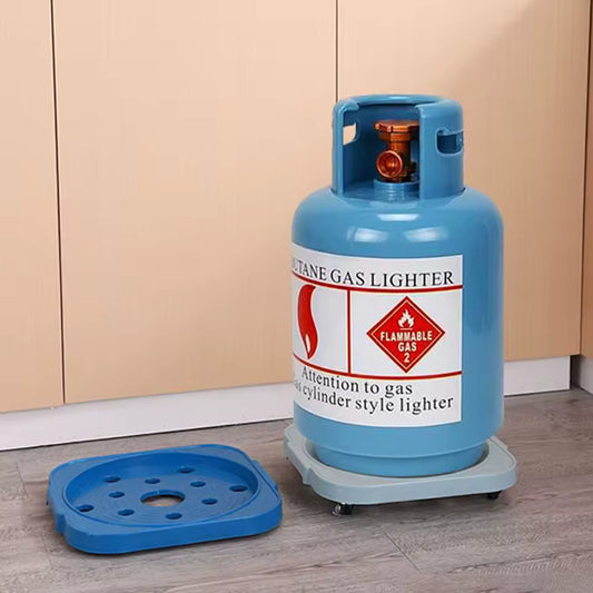 Clarify.pk outdoor indoor rolling flower pot tray holding a blue gas cylinder on wooden floor