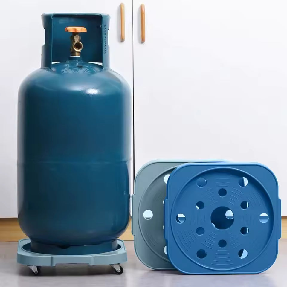 Clarify.pk outdoor indoor rolling flower pot tray in blue with wheels holding a large gas cylinder