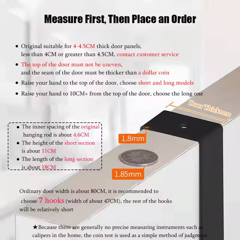 Measurement guide for over the door hanger rack showing door thickness and hook spacing details