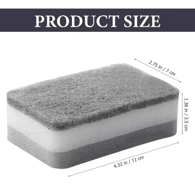 Pack of 3 double-sided kitchen sponge showing gray and white layered design with size dimensions