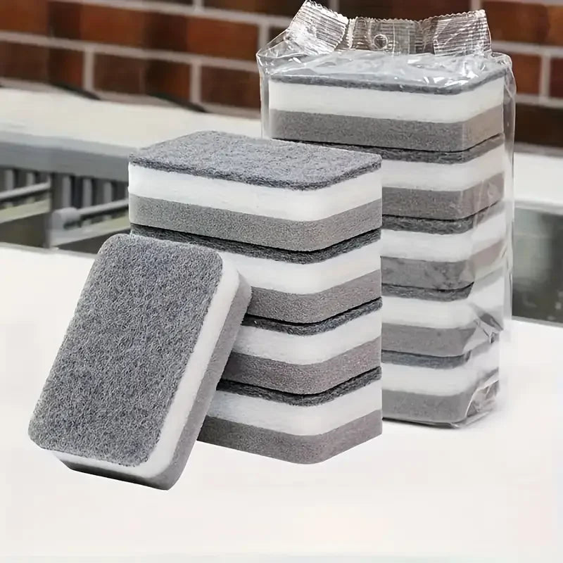 Pack of 3 double-sided kitchen sponge with grey scrubber and white foam for cleaning tasks