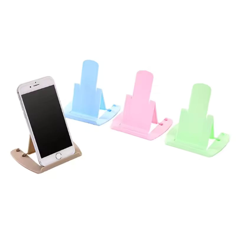 Pack of 4 cell phone stands in beige blue pink and green holding a smartphone upright