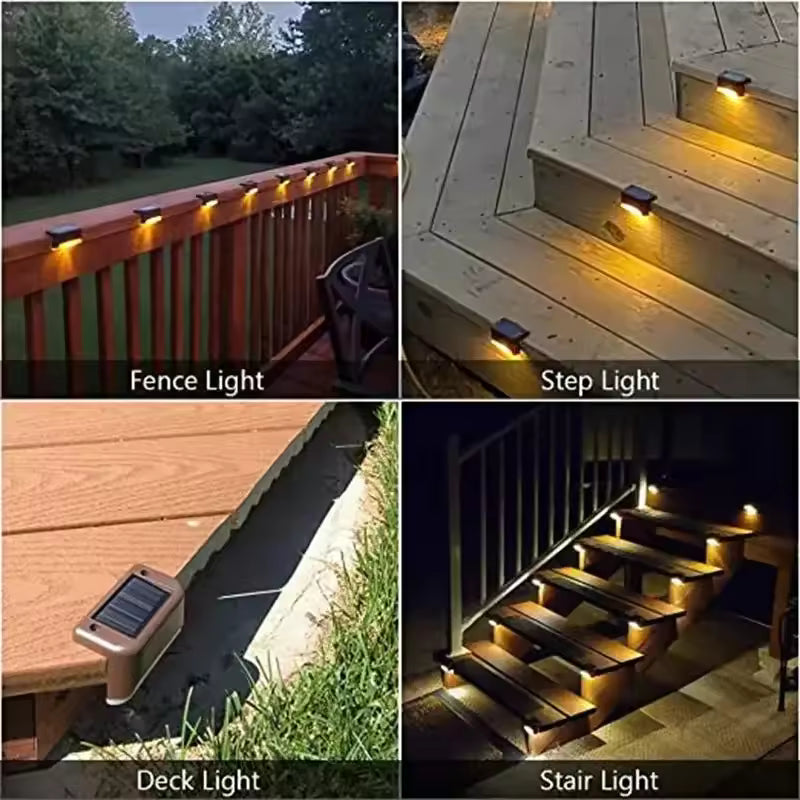 Pack of 4 solar led staircase lights outdoor by Clarify.pk shown on fence, steps, deck, and stairs for garden lighting
