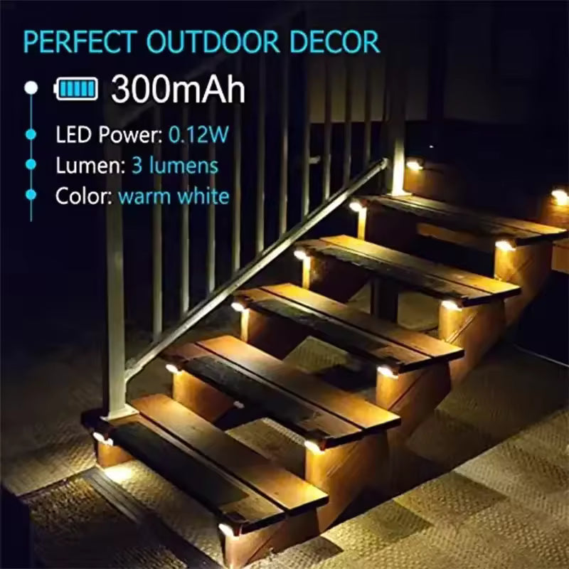 Pack of 4 solar led staircase lights outdoor by Clarify.pk showing warm white LED lights on wooden steps