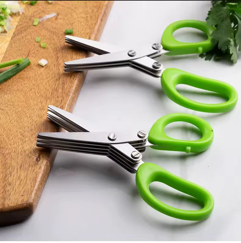 Clarify.pk 5 blade cutting scissors with green handles for efficient kitchen use