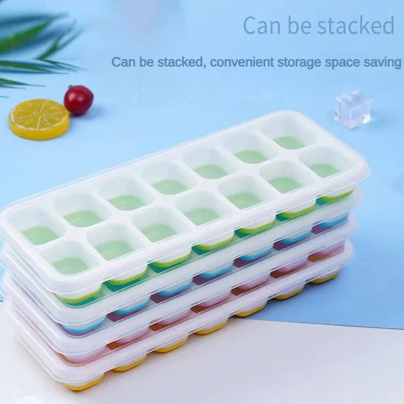 Stacked 14 grid silicone ice cube mold trays with lids for convenient storage and space saving