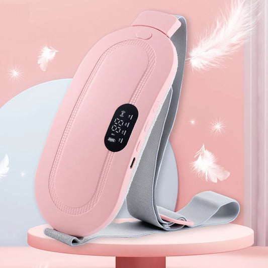 Pink period cramp relief belt with digital display and adjustable gray strap by Clarify.pk
