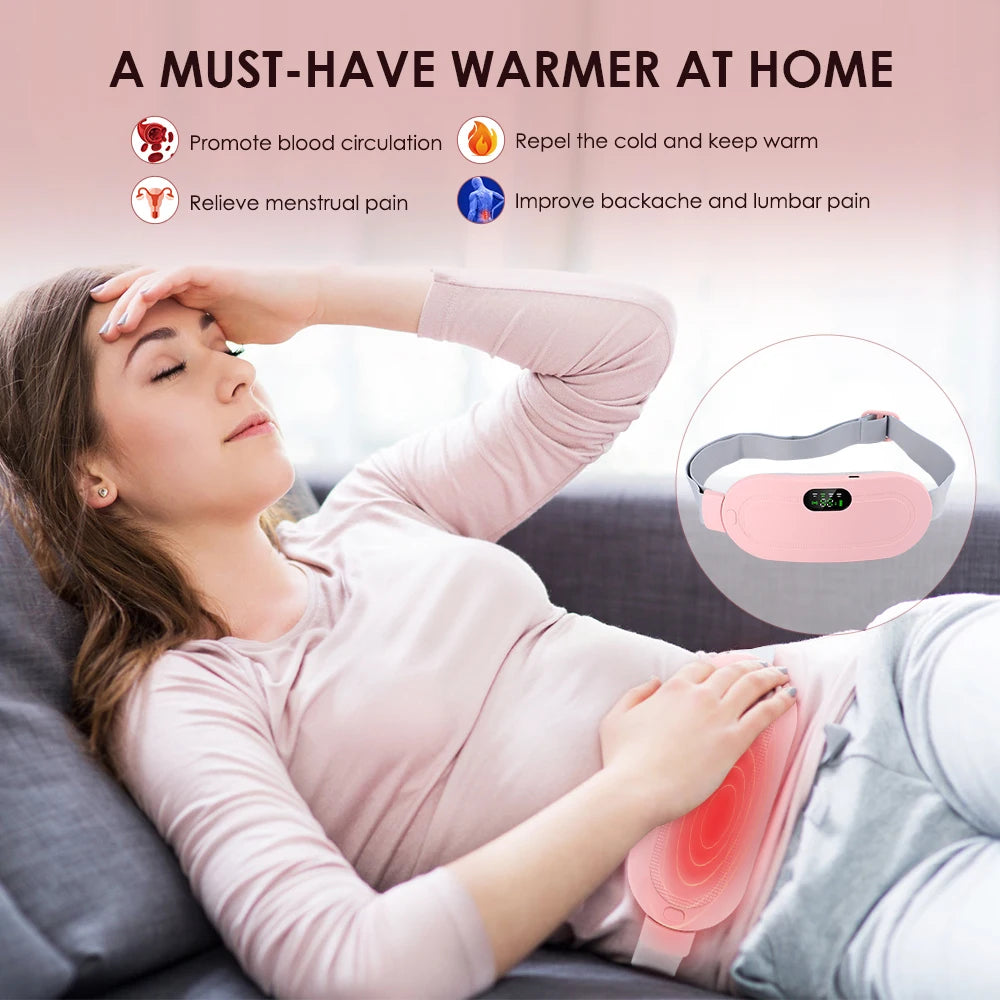 Woman using a period cramp relief belt on her abdomen to relieve menstrual pain and improve blood circulation