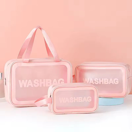Clarify.pk pink 3 piece cosmetic bags set with transparent front panels and handles