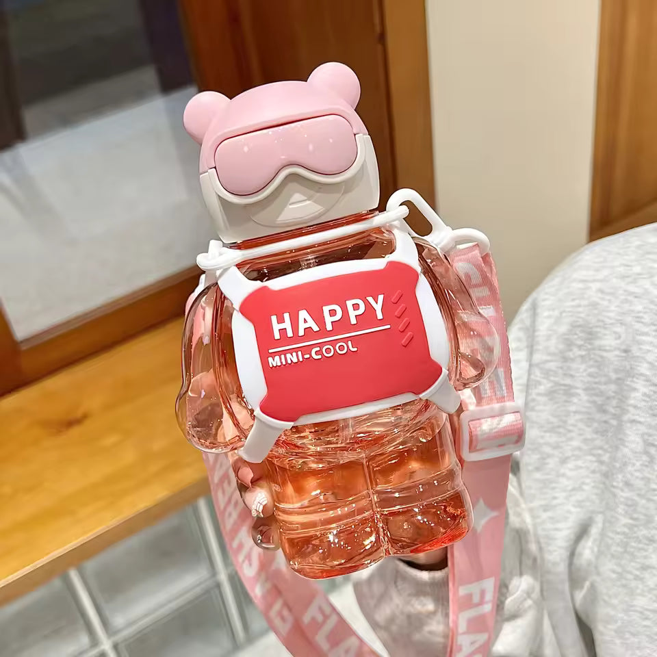 800ml Sports Water Bottle With Straw in pink bear shape with strap for easy carrying