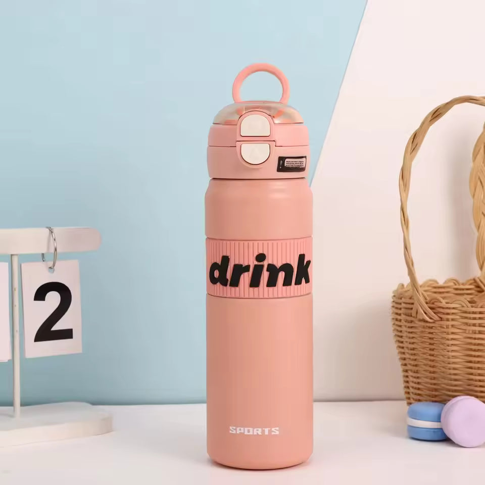 Pink stainless steel sports water bottle with drink label and secure flip cap by Clarify.pk