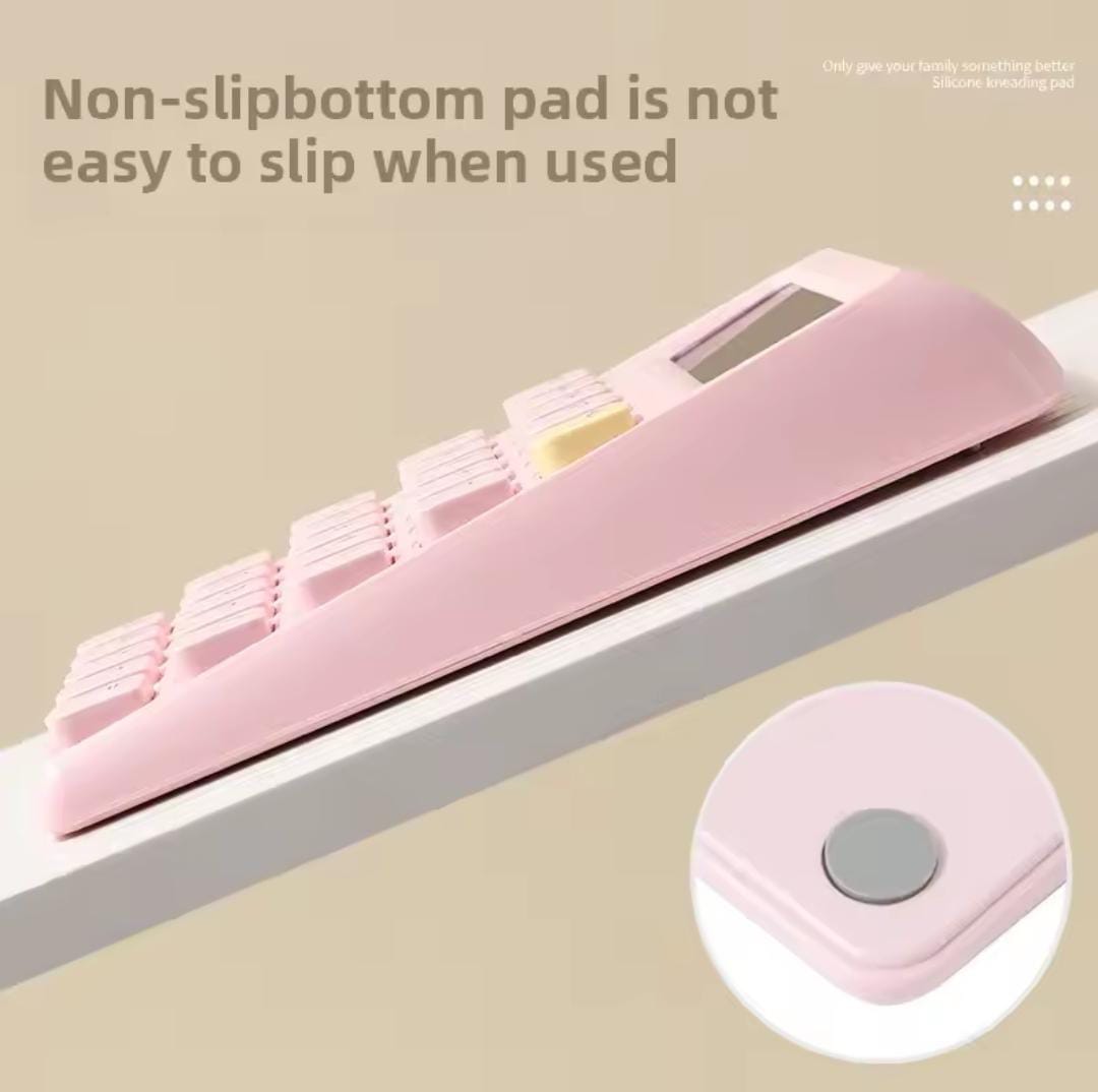 Pink step button calculator for students with non-slip bottom pad for stable use on inclined surfaces