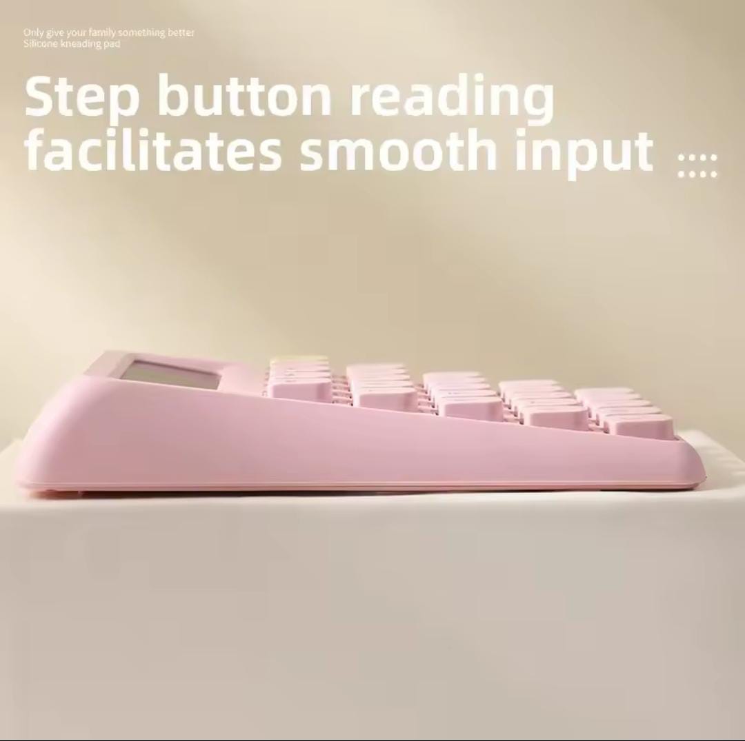 Pink step button calculator for students with smooth input and easy-to-read keys